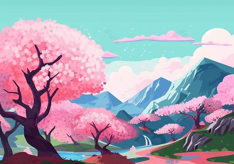 蓝天白云浪漫樱花插画背景图,插画/手绘图,插画/手绘图库,插画/手绘图下载,插画/手绘